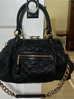 Marc Jacobs Black Quilted Leather Satchel with Gold Hardware